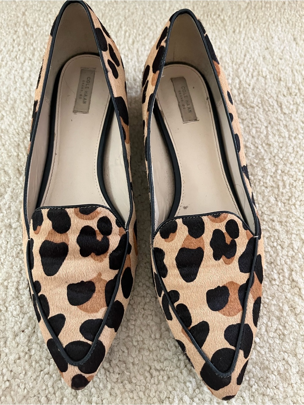 Cole Haan Leopard-Print Pointed Toe Flats in Tan and Black